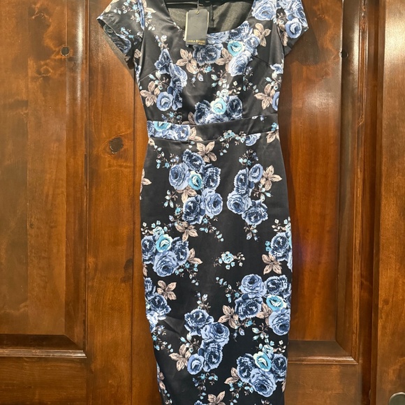 NWT Laura Byrnes Pinup Couture blue rose satin dress - Picture 3 of 5